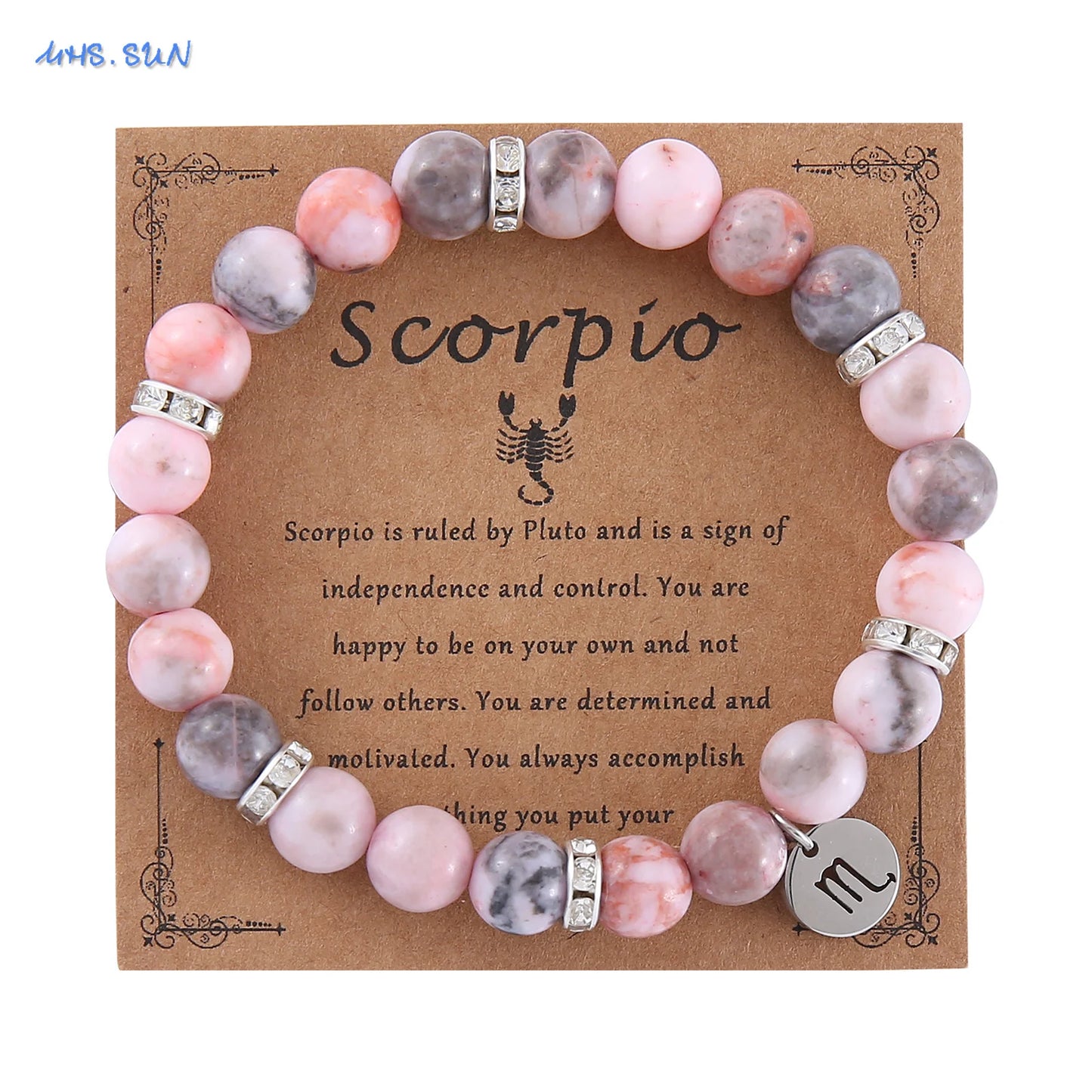 12 Zodiac Sign Pink Zebra Stone Beaded Bracelet with Zircon | Constellation Jewelry
