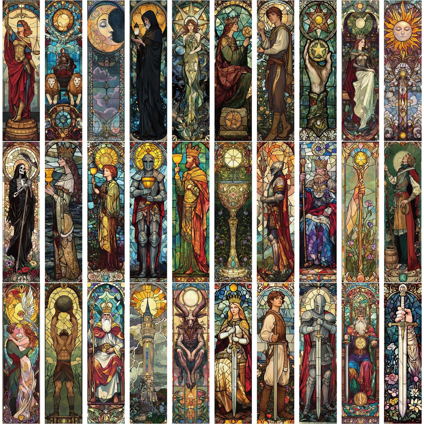 30pcs Stained Glass Tarot Bookmarks – Artistic Paper Bookmarks for Tarot Lovers, Readers, and Journal Enthusiasts