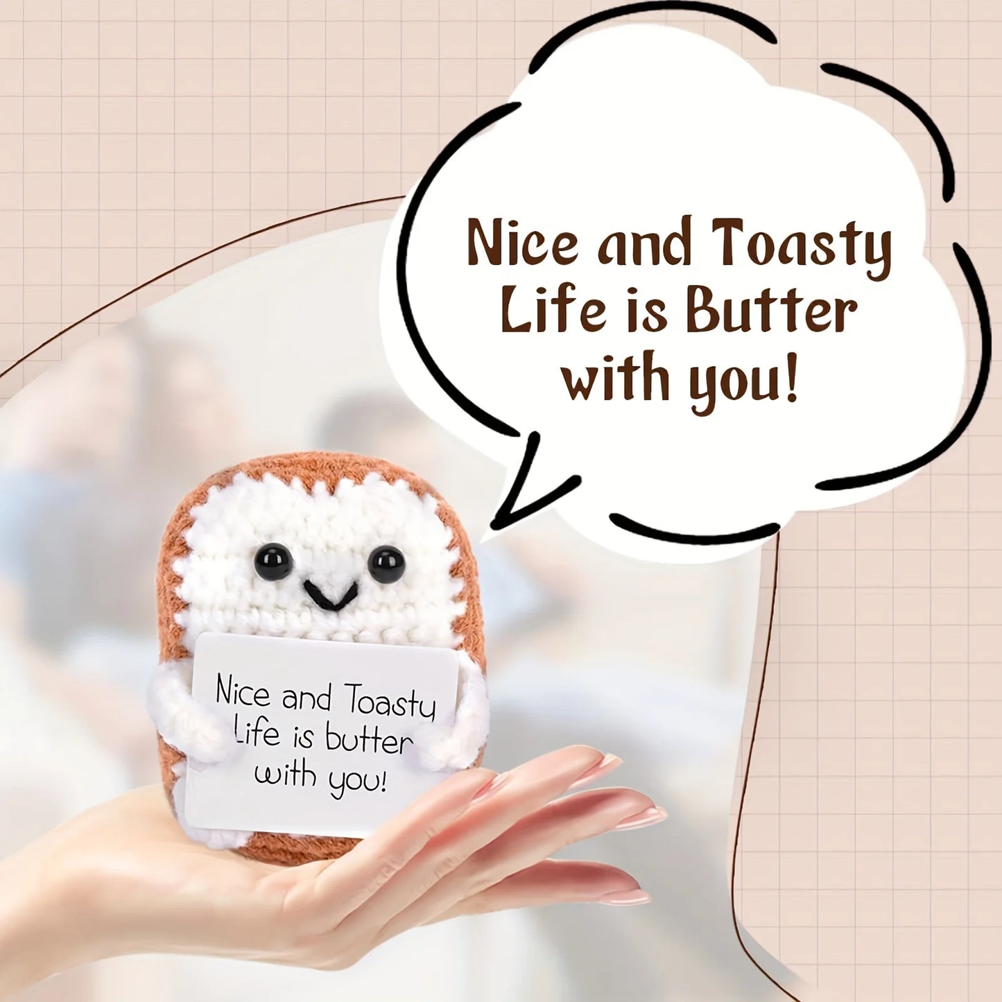 Crocheted Toast Plush Ornament with Cute Quote