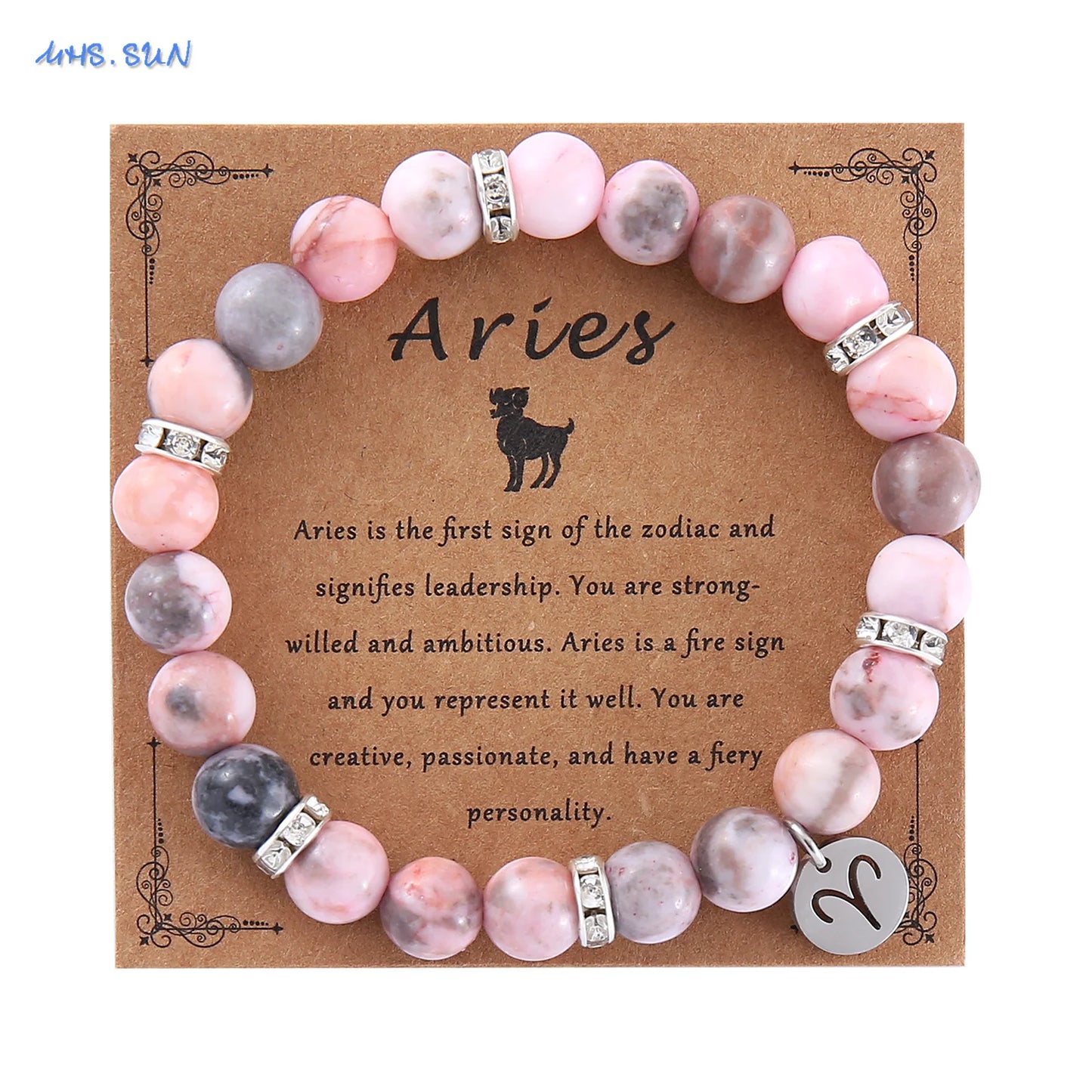 12 Zodiac Sign Pink Zebra Stone Beaded Bracelet with Zircon | Constellation Jewelry