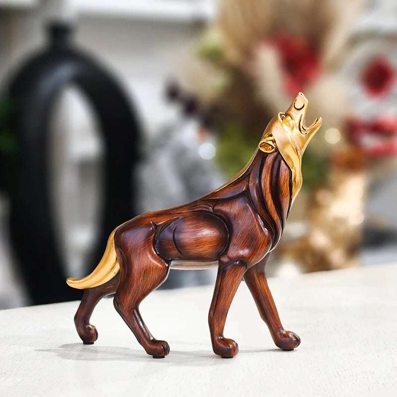 Wood Grain Howling Wolf Resin Sculpture