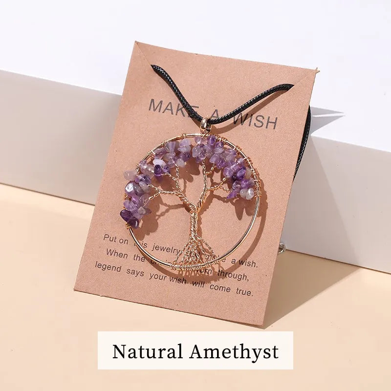 Amethyst tree of life necklace on a branded card with 'Natural Amethyst' text.