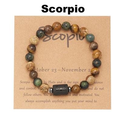 12 Zodiac Sign Constellation Natural Stone Beaded Bracelet with Tiger Eye 8mm Beads for Women and Men