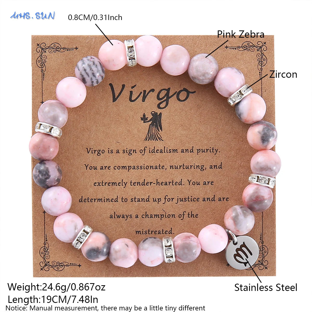 12 Zodiac Sign Pink Zebra Stone Beaded Bracelet with Zircon | Constellation Jewelry