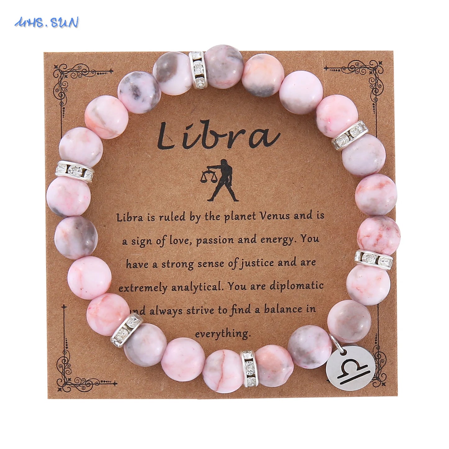 12 Zodiac Sign Pink Zebra Stone Beaded Bracelet with Zircon | Constellation Jewelry