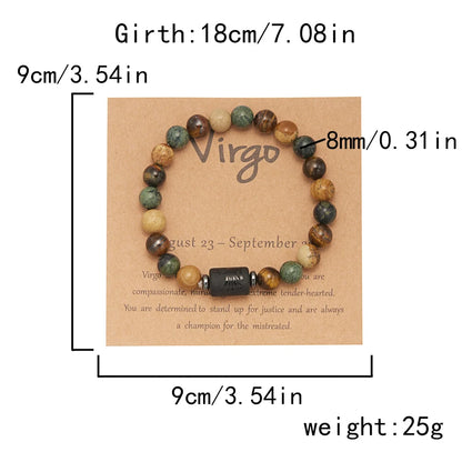 Beaded bracelet with measurements and Virgo zodiac sign on a brown card