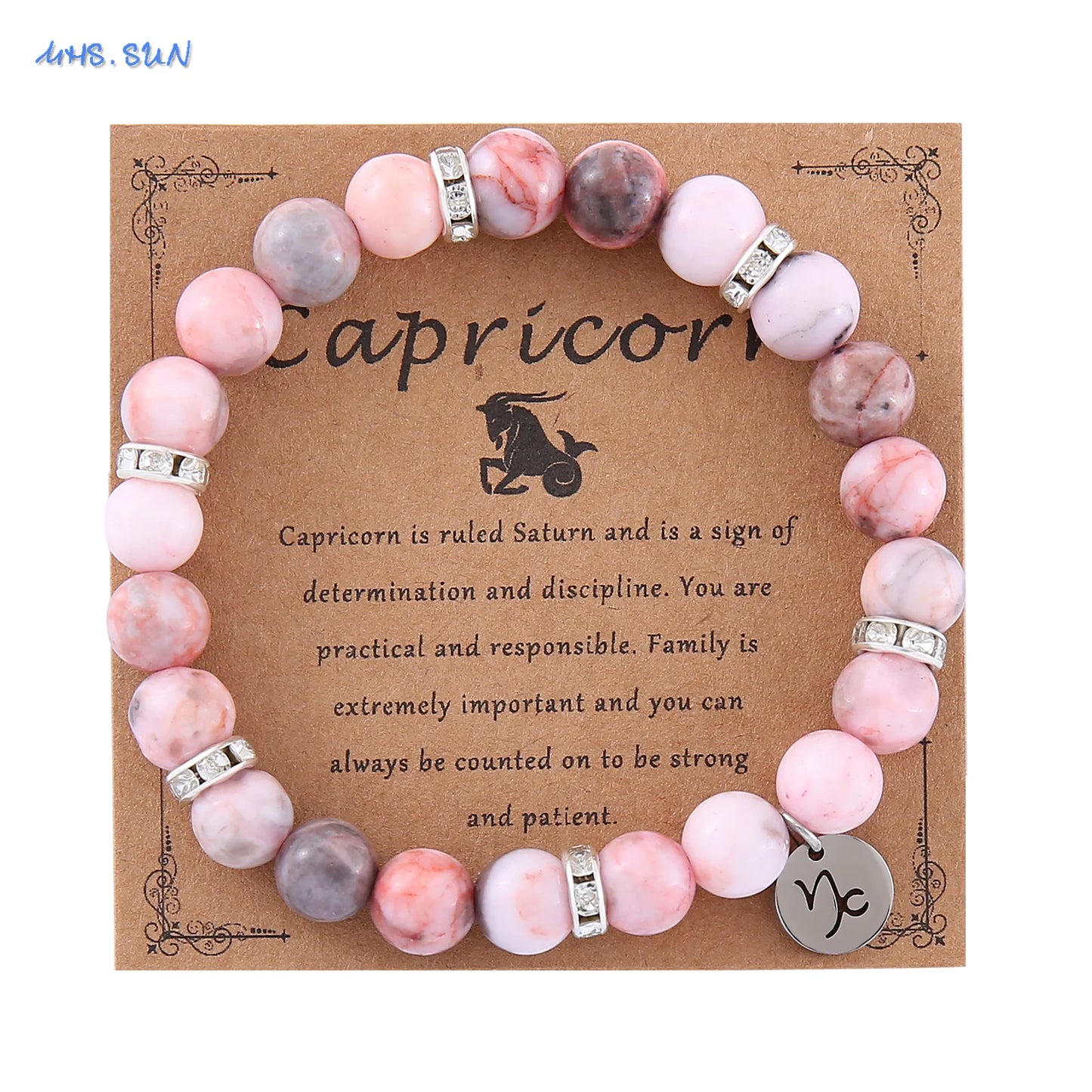 12 Zodiac Sign Pink Zebra Stone Beaded Bracelet with Zircon | Constellation Jewelry
