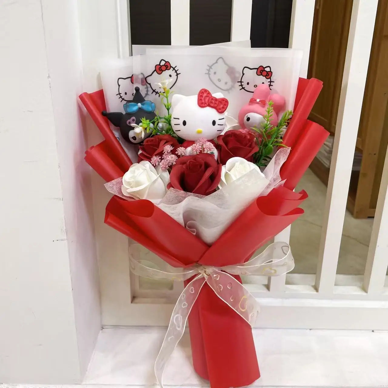 Hello Kitty Sanrio Plush Bouquet Doll with Artificial Flowers Kawaii Gift 35 cm