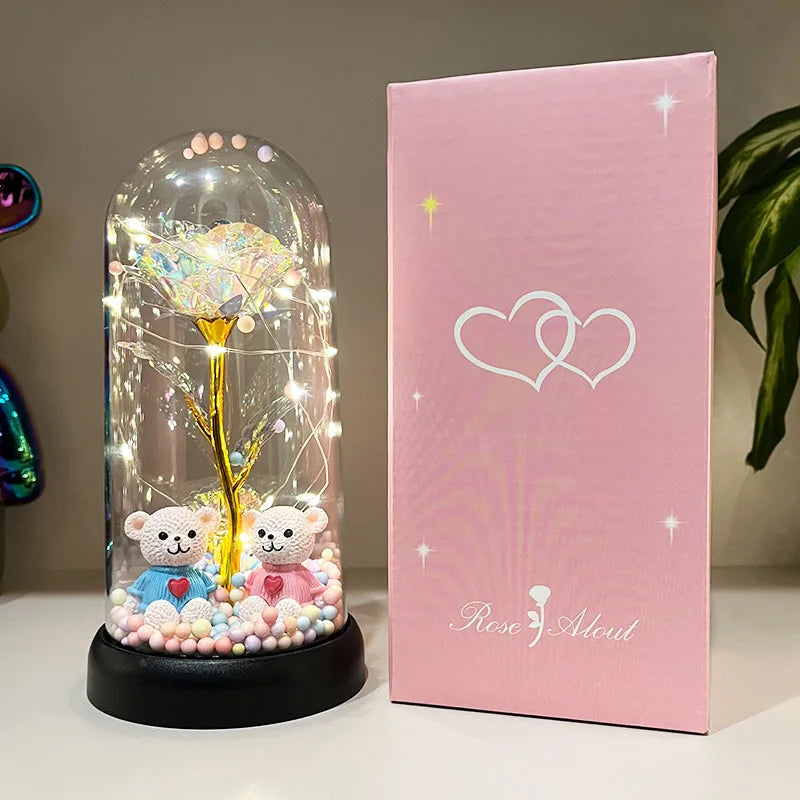 Colorful Luminous Rose Flower Gift with Clear Dome for Romantic Occasions