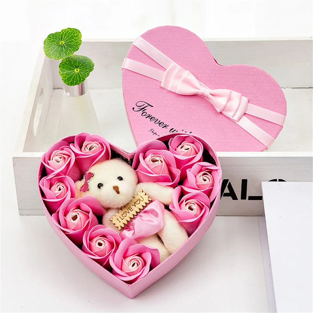Plush Bear Gift Box with Soap Rose Flowers and 24K Gold Foil Rose Romantic Keepsake
