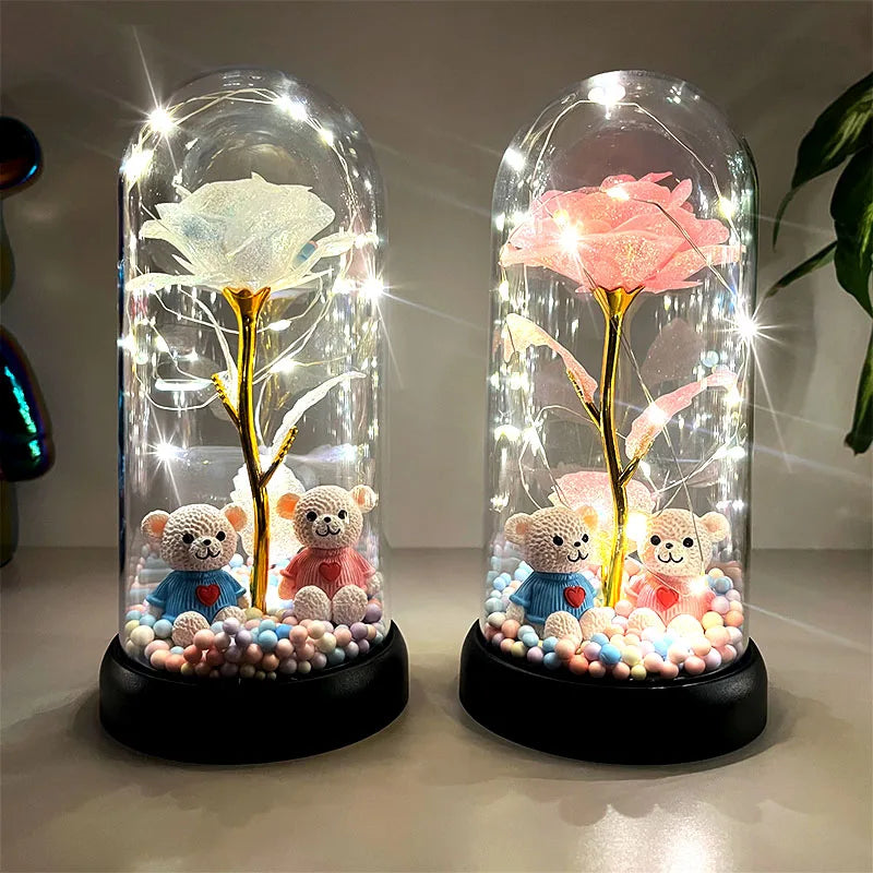 Colorful Luminous Rose Flower Gift with Clear Dome for Romantic Occasions