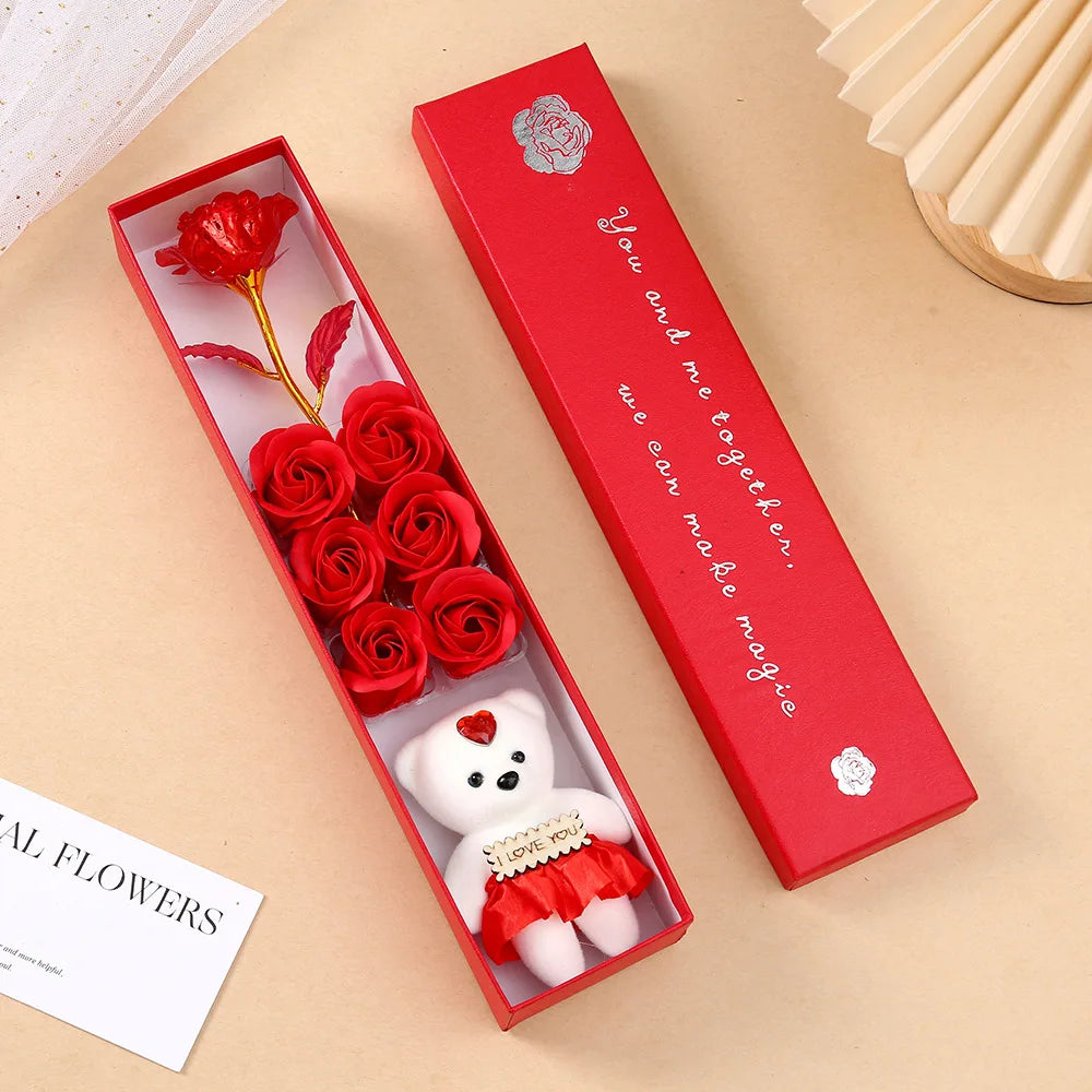 Luxury Soap Rose Gift Box with Plush Bear Elegant Artificial Flower Keepsake