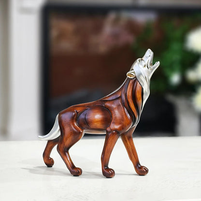 Wood Grain Howling Wolf Resin Sculpture