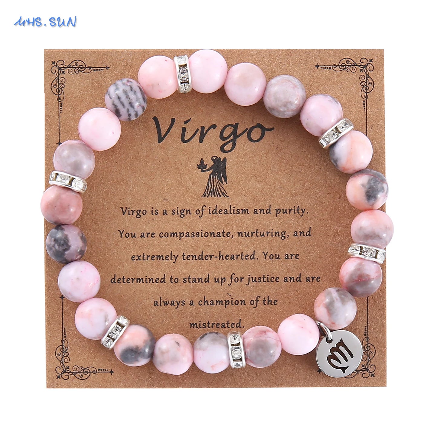 12 Zodiac Sign Pink Zebra Stone Beaded Bracelet with Zircon | Constellation Jewelry