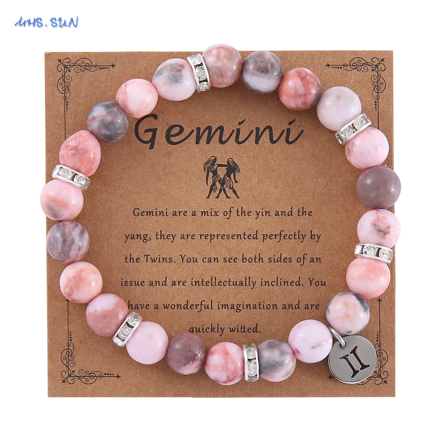 12 Zodiac Sign Pink Zebra Stone Beaded Bracelet with Zircon | Constellation Jewelry