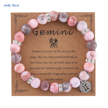12 Zodiac Sign Pink Zebra Stone Beaded Bracelet with Zircon | Constellation Jewelry