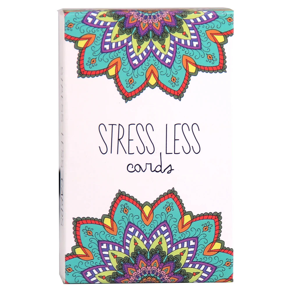 Pack of 'Stress Less' cards with colorful mandala design on a white background