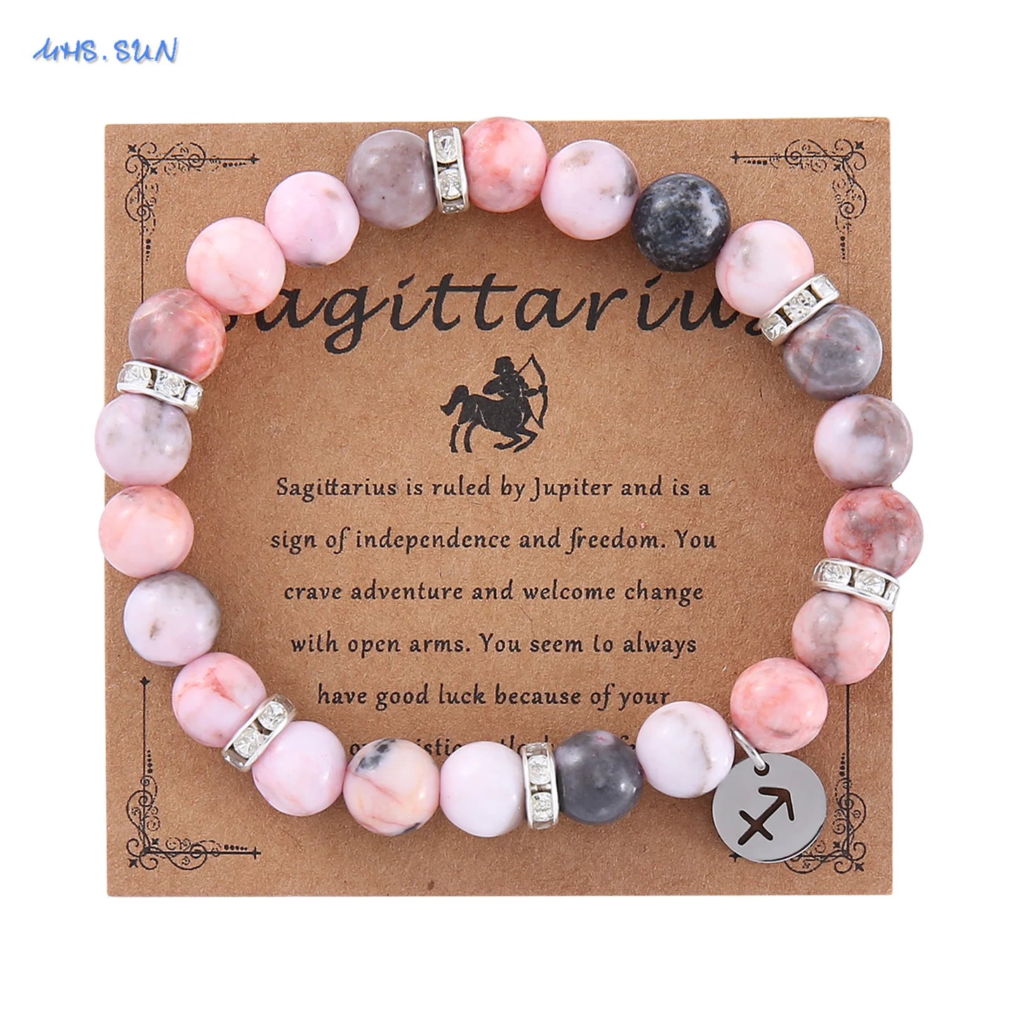 12 Zodiac Sign Pink Zebra Stone Beaded Bracelet with Zircon | Constellation Jewelry
