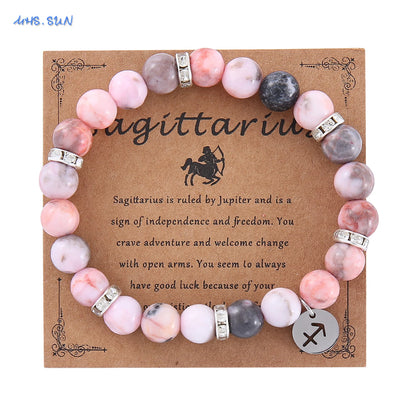 12 Zodiac Sign Pink Zebra Stone Beaded Bracelet with Zircon | Constellation Jewelry