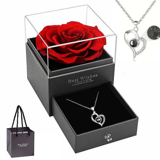 Heart Shaped Red Rose Projection Necklace with Gift Box Romantic Jewelry