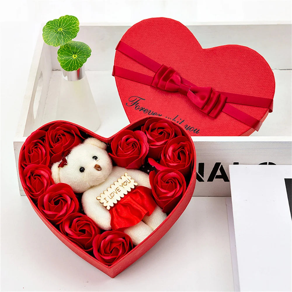 Plush Bear Gift Box with Soap Rose Flowers and 24K Gold Foil Rose Romantic Keepsake