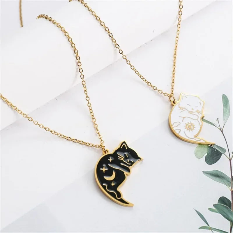 Cat Embrace Stainless Steel Necklace Set