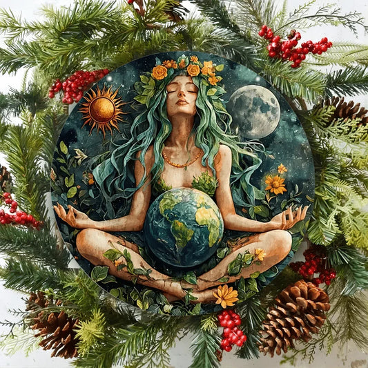 Gaia Goddess Earth Mother Circular Iron Wall Art 20x20cm Home and Café Decor