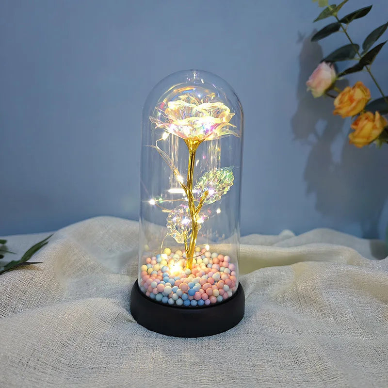 Colorful Luminous Rose Flower Gift with Clear Dome for Romantic Occasions