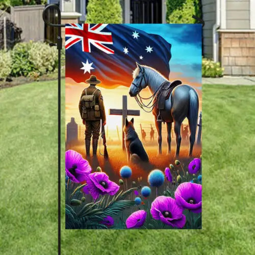 Anzac Day Animals in War Purple Poppy Australia Flag Garden Flag GGP