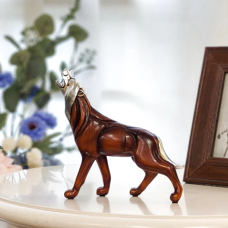 Wood Grain Howling Wolf Resin Sculpture