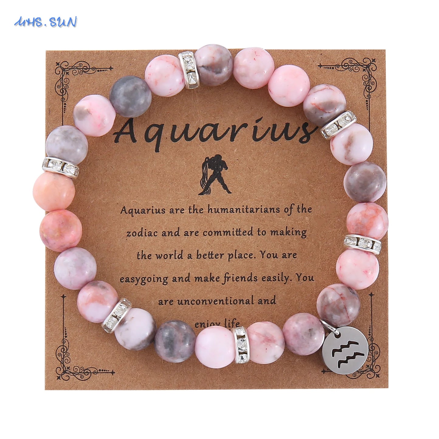 12 Zodiac Sign Pink Zebra Stone Beaded Bracelet with Zircon | Constellation Jewelry