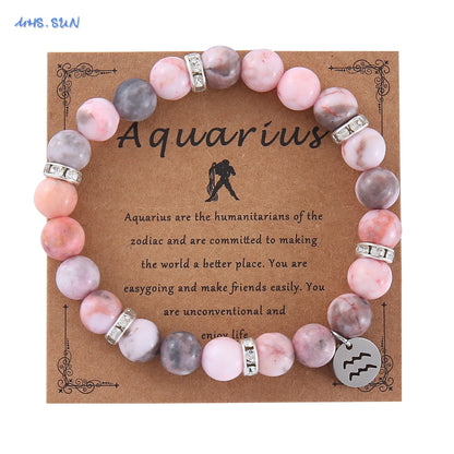 12 Zodiac Sign Pink Zebra Stone Beaded Bracelet with Zircon | Constellation Jewelry