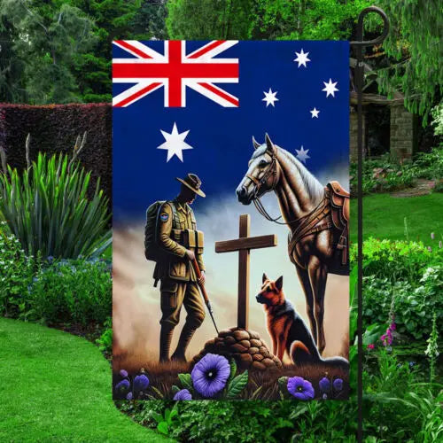 Anzac Day Animals in War Purple Poppy Garden Flag