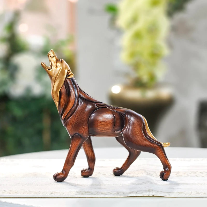 Wood Grain Howling Wolf Resin Sculpture