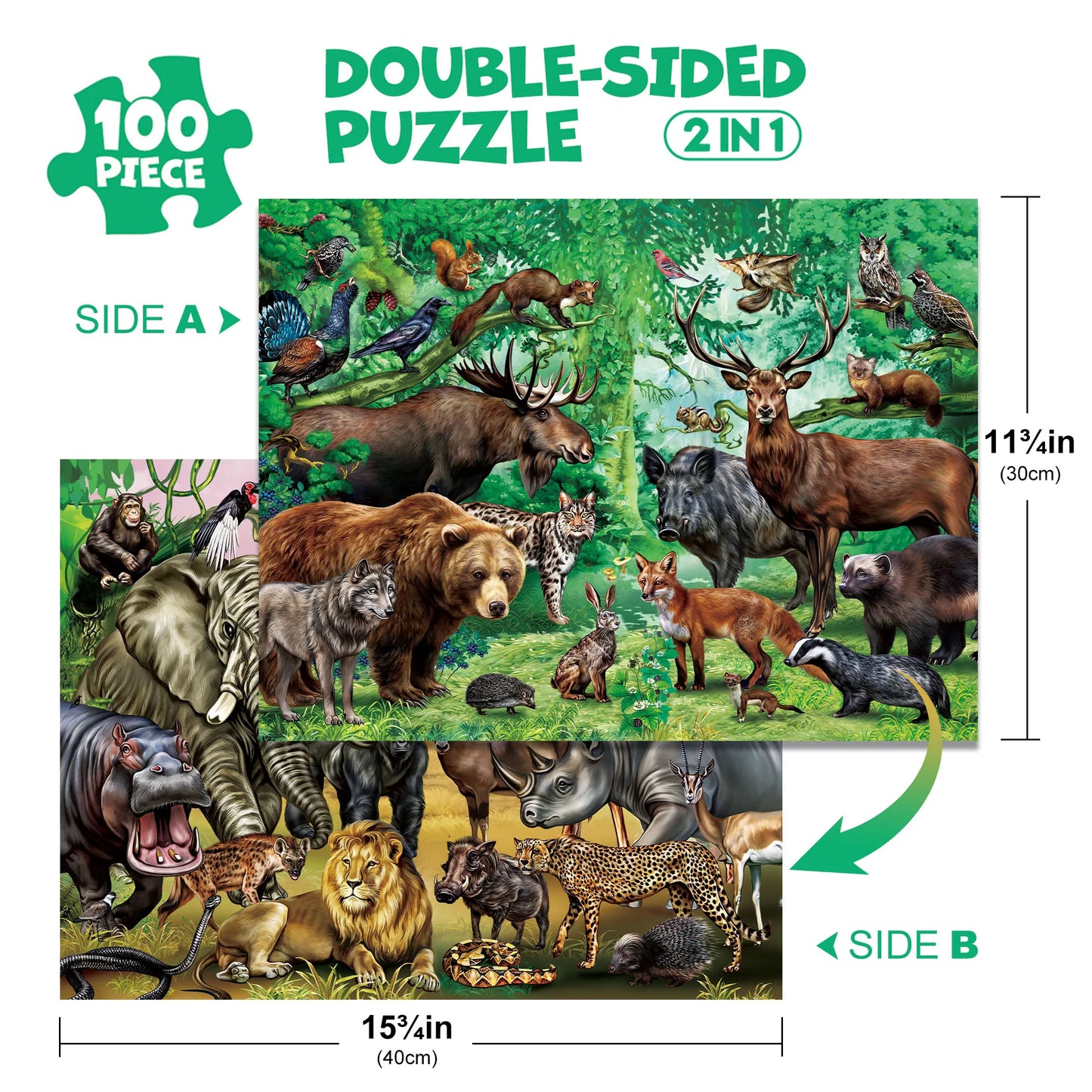 Double‑Sided 100‑Piece Puzzle, 2‑in‑1 Wild Animals Educational Jigsaw Puzzle