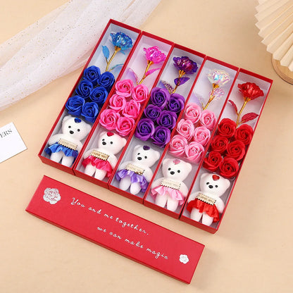 Luxury Soap Rose Gift Box with Plush Bear Elegant Artificial Flower Keepsake
