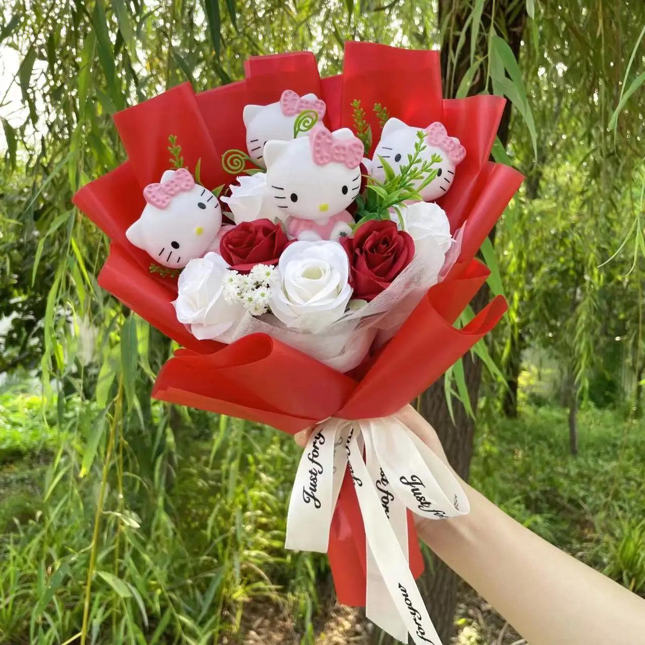 Hello Kitty Sanrio Plush Bouquet Doll with Artificial Flowers Kawaii Gift 35 cm