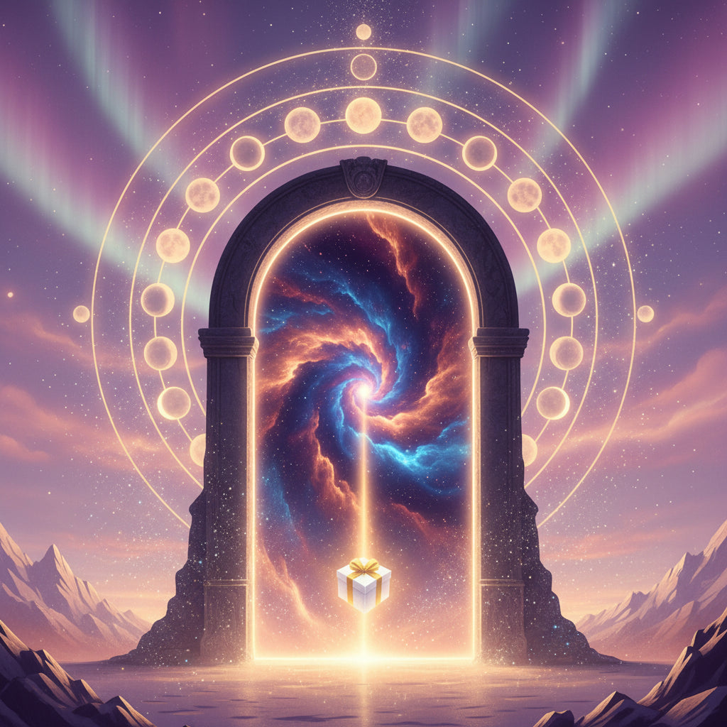 A glowing cosmic doorway opening in a soft lavender and gold sky, with a beam of light carrying a small parcel forward. The parcel is secondary — the portal is the star. Swirling nebula colours, shimmering particles, moon‑phase rings, and a sense of sacred movement. Powerful, mystical