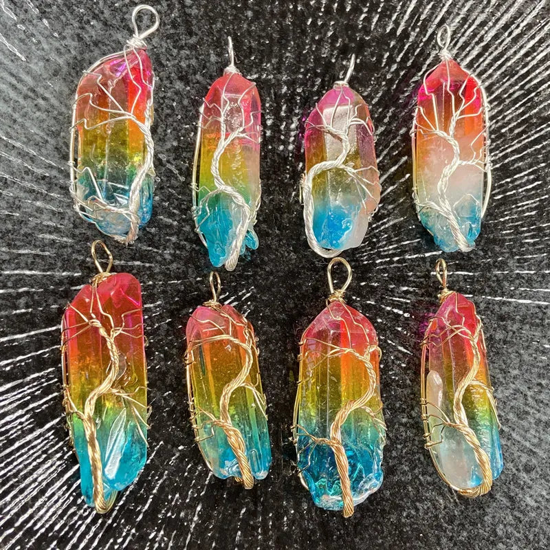 Stone Crystal Pillar Tree of Life Pendant Necklace