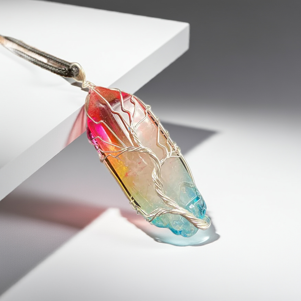 Tree of Life crystal pillar pendant with healing stone
