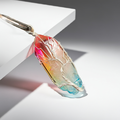 Tree of Life crystal pillar pendant with healing stone