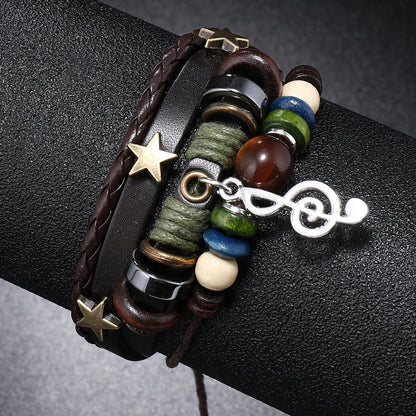 Multicolored beaded bracelet with star and infinity charm on a dark surface