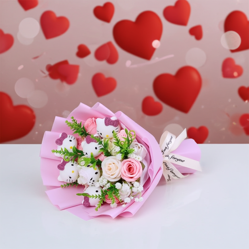 Hello Kitty Sanrio Plush Bouquet Doll with Artificial Flowers Kawaii Gift 35 cm