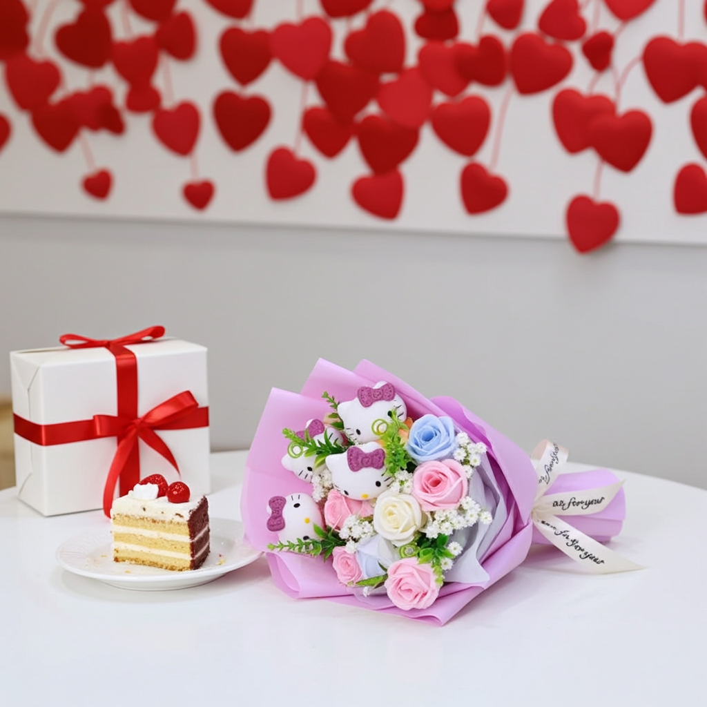 Hello Kitty Sanrio Plush Bouquet Doll with Artificial Flowers Kawaii Gift 35 cm