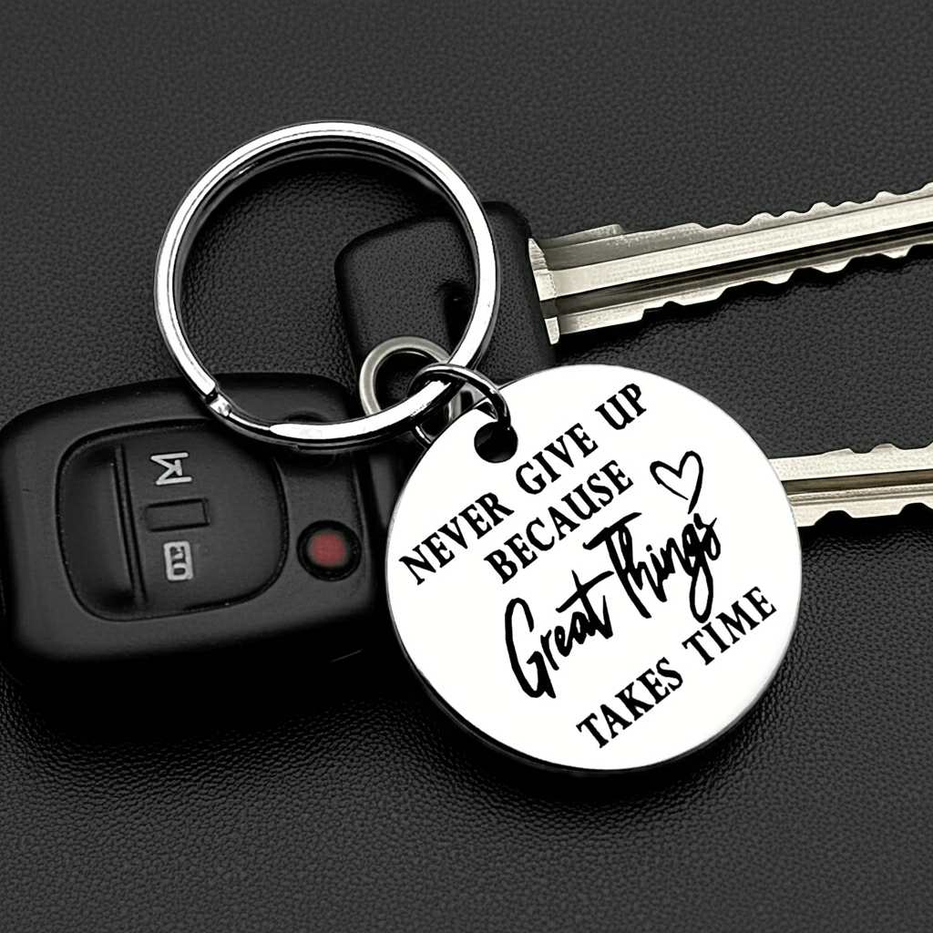 Inspirational Stainless Steel Keychain – Never Give Up Motivational Gift for Encouragement