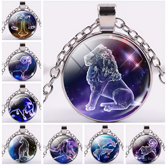 Zodiac Time Gemstone Glass Pendant Necklace