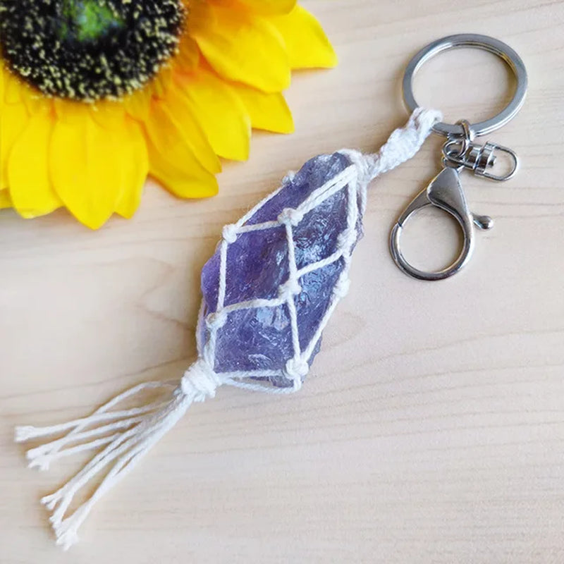 Amethyst Citrine Quartz Crystals Crystals Macrame Keychains for Women Natural Stone Tassel Key Rings Pendant Accessories Gift