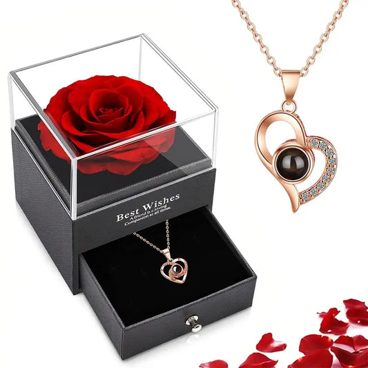 Projection Necklace Set with Rose Gift Box I Love You Heart-Shaped Pendant Jewelry Y2K