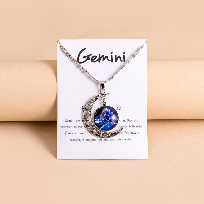 12 Zodiac Sign Moon Pendant Necklace with Glass Constellation Charm for Women and Girls
