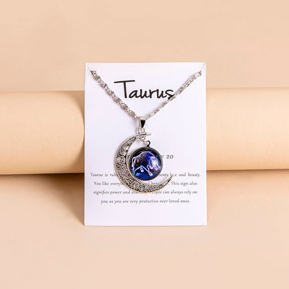12 Zodiac Sign Moon Pendant Necklace with Glass Constellation Charm for Women and Girls